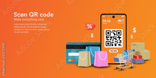 Scan qr code illustration concept, perfect for landing page, qr code website, banner, background, application, poster, on mobile and etc.