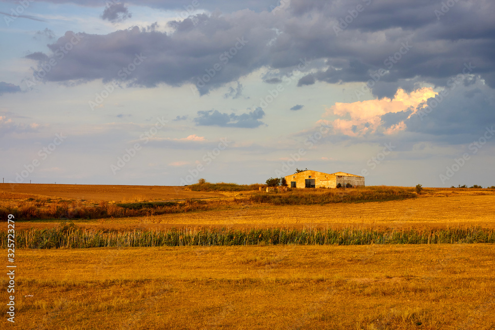 Fototapeta premium Destroyed cow farm among the steppe at sunset
