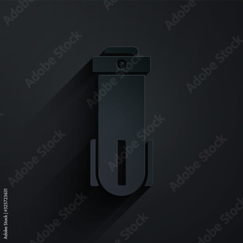 Paper cut Water filter icon isolated on black background. System for filtration of water. Reverse osmosis system. Paper art style. Vector Illustration