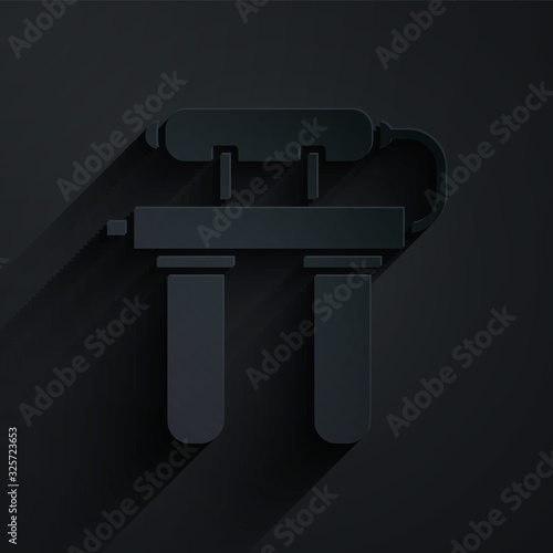 Paper cut Water filter icon isolated on black background. System for filtration of water. Reverse osmosis system. Paper art style. Vector Illustration