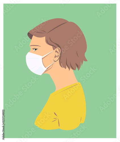 Girl wears a medical mask, concept of epidemic, infectiuos Wuhan coronavirus, new type SARS-CoV-2 (2019-nCoV) . Flat vector illustration  for the virus quarantine and prevention covid-19 in the world