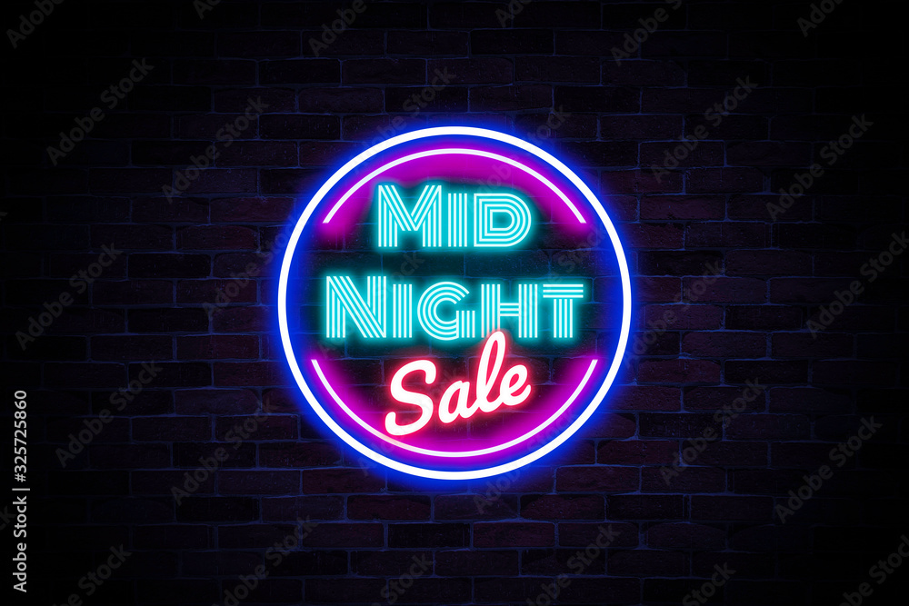 Obraz premium Banner advertising concept, Midnight sale neon light flash sale on dark vintage wall background,bright signboard, season sale,discount price tag,neon sign, light banner.