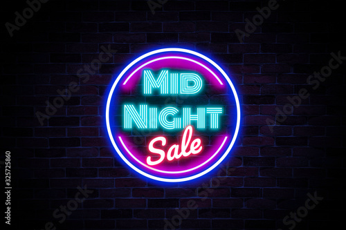 Banner advertising concept, Midnight sale neon light flash sale on dark vintage wall background,bright signboard, season sale,discount price tag,neon sign, light banner.