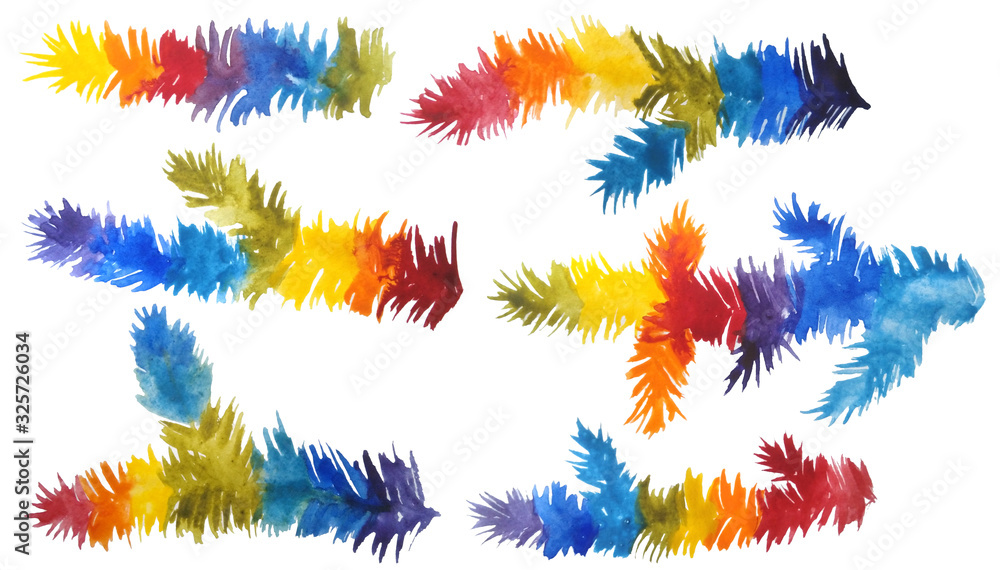 Obraz premium illustration set of watercolor hand drawn rainbow christmas fir tree branches of red orange yellow green blue purple color lgbtq gay pride flag colorful for holiday party celebration design winter