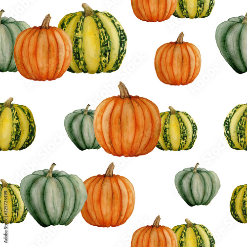seamless watercolor hand drawn pattern vegetable pumpkin groups of yellow green orange striped color autumn fall harvest perfect for Halloween cards textile invitation bright intense illustration