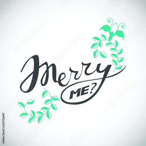 Proposal phrase - Merry me? Hand drawn illustration with hand lettering, Modern brush calligraphy, quote for posters, t-shirts, postcards