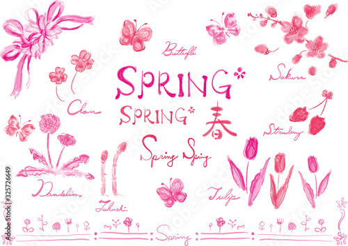白黒, モノクロ, 単色, 春セット, 春, spring, 春素材, 春集合, ベクター, セット, 集合, 素材, 花, 植物, 春の花, 桜, さくら, サクラ, チューリップ, イチゴ, いちご, 苺, たんぽぽ, タンポポ, クローバー, 四つ葉, つくし, 土筆, 蝶, 蝶々, ちょうちょ, リボン, 英語, 文字, 英文, 筆記体, かわいい, きれい, 手描き風, 白バック, 白背