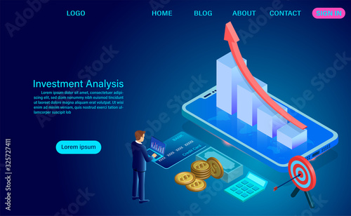 Investment analysis concept. analysis of sales, statistic grow data, accounting infographic with characters. flat isometric vector illustration