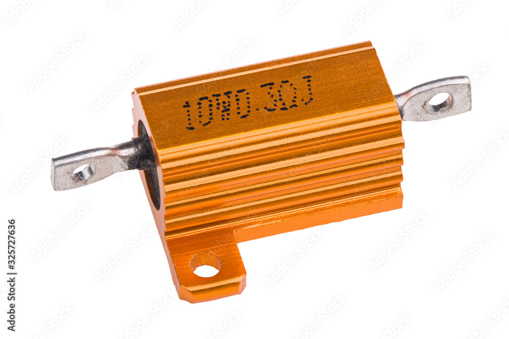 Orange aluminum encased power resistor isolated on white background