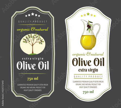 Set of flat labels and badges of olive oil. Vector illustrations for olive oil labels, packaging design, natural products, restaurant. Olive oil labels. Hand drawn templates for olive oil packaging