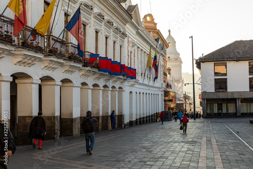 QUITO, ECUADOR - FEBRUARY 07, 2020: Plaza Grande and Metropolitan Cathedral, historic colonial downtown of Quito, Ecuador. South America.