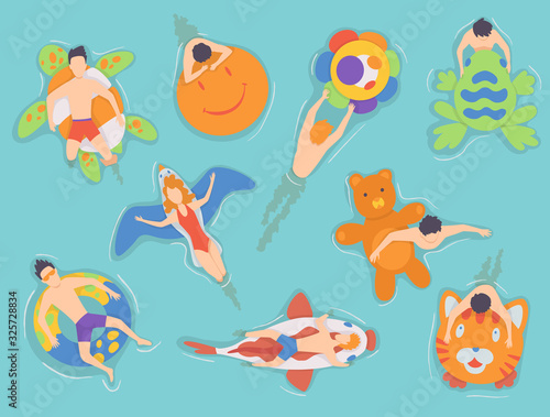 People floating on air mattresses in swimming pool set, top view, men and women relaxing and sunbathing on inflatable rings of different shapes vector Illustrations