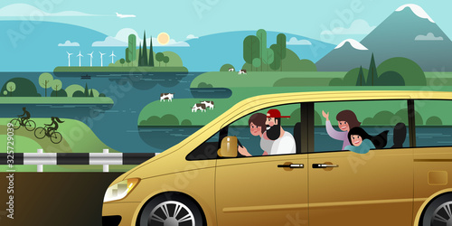 The whole young family goes on a summer vacation trip in a minivan out of town. Vector Flat Illustration.
