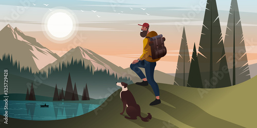 Young bearded man is hiking in the mountains with a dog. Flat graphic vector illustration.