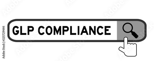 Search box with word GLP (Abbreviation good laboratory practice) and hand icon over magnifier on white background