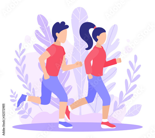 Woman and man jogging .Vector illustration of a healthy lifestyle in a flat style. A couple of people run around on the street. The girl and the guy are engaged in sports Westona outdoors.