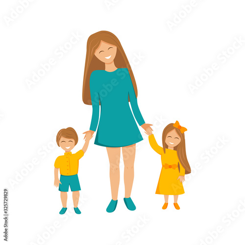 Vector flat illustration of mother with children. Funny mummy with son and daughter holding hands and smiling. Family spending good time together. Concept design of cartoon cute characters isolated 