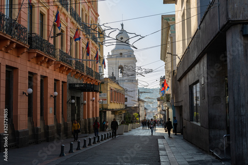 QUITO, ECUADOR - FEBRUARY 07, 2020: The main pedestrian street at historic colonial downtown of Quito, Ecuador. South America.