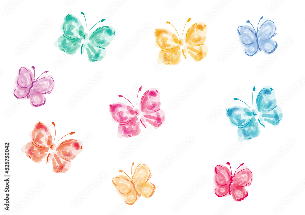 蝶 ちょうちょ 蝶々 ベクター 昆虫 生き物 虫 春 かわいい きれい きれいな カラフル 飛んでいる たくさん 集合 パステルカラー 水彩 水彩風 手描き風 イラスト 赤 黄色 紫 白バック 白背景 手描き 手書き 筆書き 筆描き カット 挿絵 素材