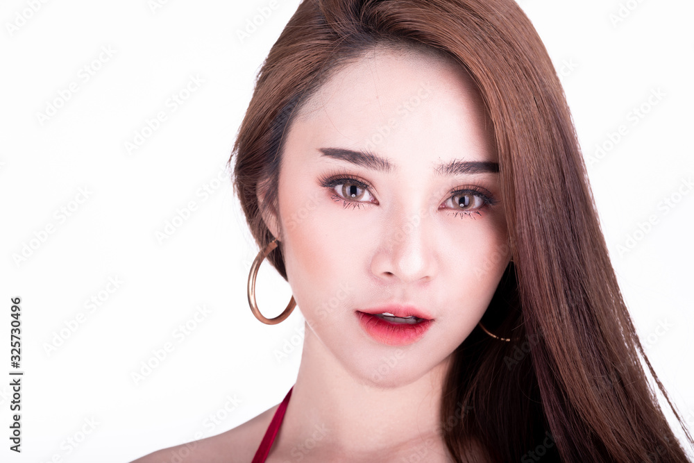 Portrait of beautiful thai woman isolated in white background. Sexy mouth. Portrait of beautiful thai woman isolated in white background. Sexy mouth.