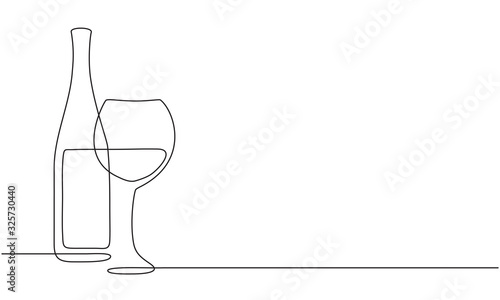 Wine glass and bottle of wine. Vector. Continuous line drawing