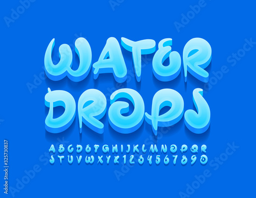 Vector Blue logo Water Drop. Handwritten 3D Font. Creative Alphabet Letters and Numbers.