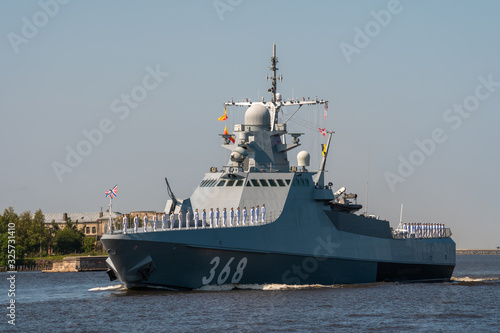 The patrol ship Vasily Bykov of project 22160 passes near Kronstadt during a rehearsal for The Navy parade. July 25, 2019.