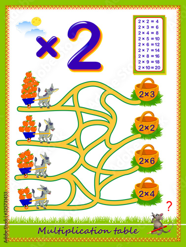 Multiplication table by 2 for kids. Count the quantity of apples, find the way and draw lines till baskets. Educational page. Logic puzzle game. Printable worksheet for children math textbook.