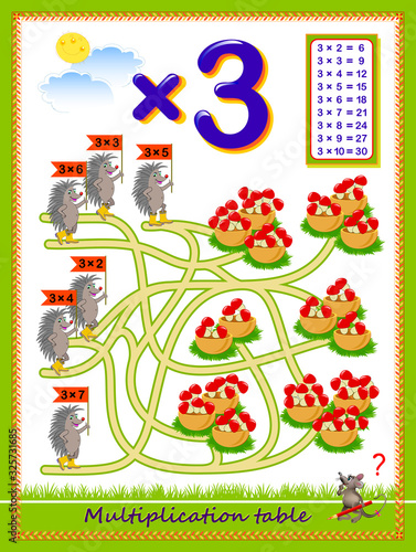 Multiplication table by 3 for kids. Count the quantity of mushrooms, find the way and draw lines till baskets. Educational page. Logic puzzle game. Printable worksheet for children math textbook.