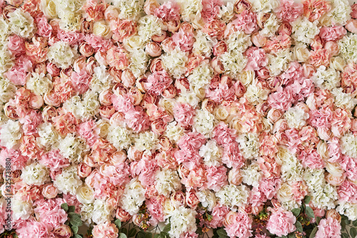 Summer blossoming delicate roses and hydrangeas on flowers festive background, pastel and soft bouquet floral card. Spring Greeting Card Template. Copy Space. Wedding scene. Mothers Day,female card