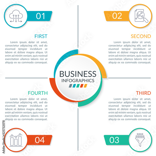 4 steps or parts infographic design with  circles and space for text. Business presentation, information brochure, banner, workflow layout template. Vector illustration.