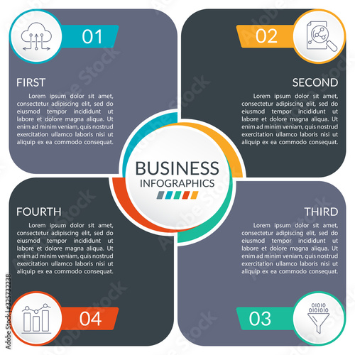 4 steps or parts infographic design with  circles and space for text. Business presentation, information brochure, banner, workflow layout template. Vector illustration.
