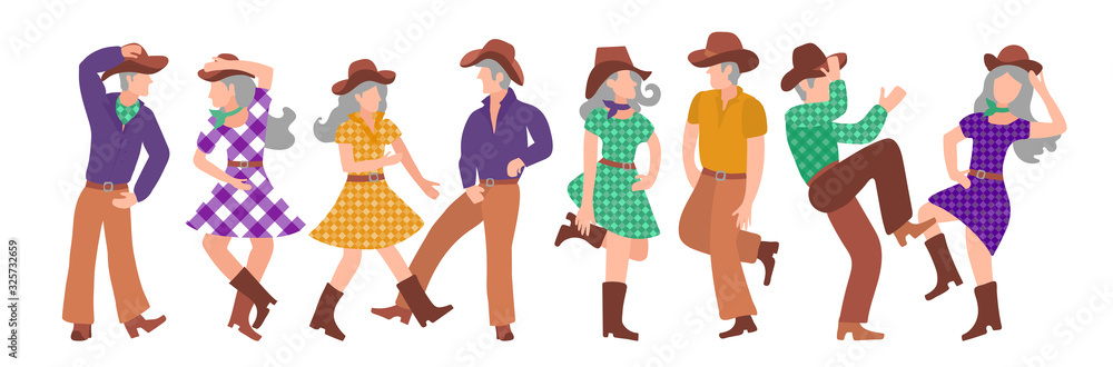 Set of mature couples dancing to country music. Cheerful active old people in different pose. Four happy couples. Vector illustration on a white background for a poster, banner, festival invitation