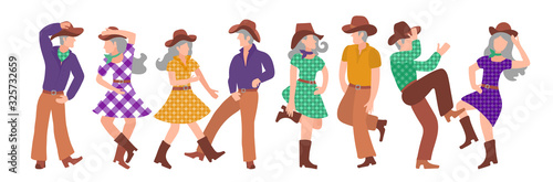 Obraz na płótnie Set of mature couples dancing to country music. Cheerful active old people in different pose. Four happy couples. Vector illustration on a white background for a poster, banner, festival invitation w salonie