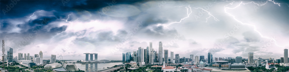 Singapore aerial panoramic view from drone with storm approaching