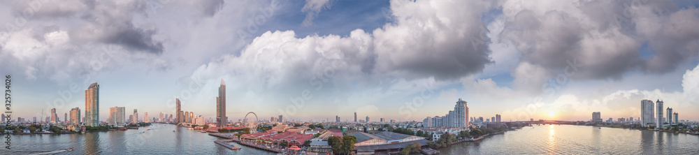Panoramic aerial view of Bangkok at sunset from Asiatique Riverfront, Thailand