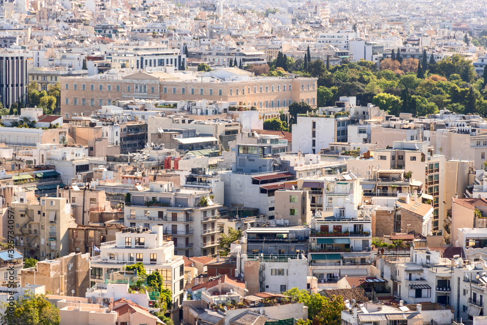 View of Athens from Acropolis. The Old Royal Palace - first royal palace of modern Greece. It has housed the Hellenic Parliament. View of Athens from Acropolis. The Old Royal Palace - first royal palace of modern Greece. It has housed the Hellenic Parliament.