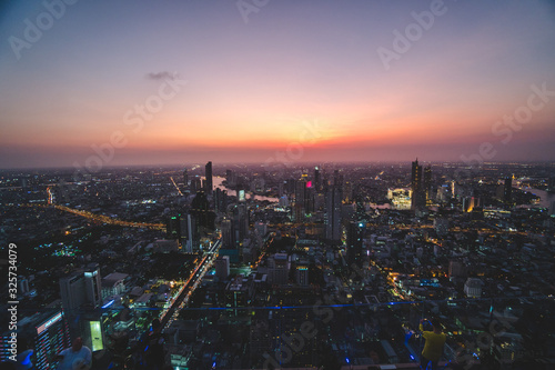 Aerial view of Bangkok city at sunset  from Mahanakhon SkyWalk  Thailand  Asia