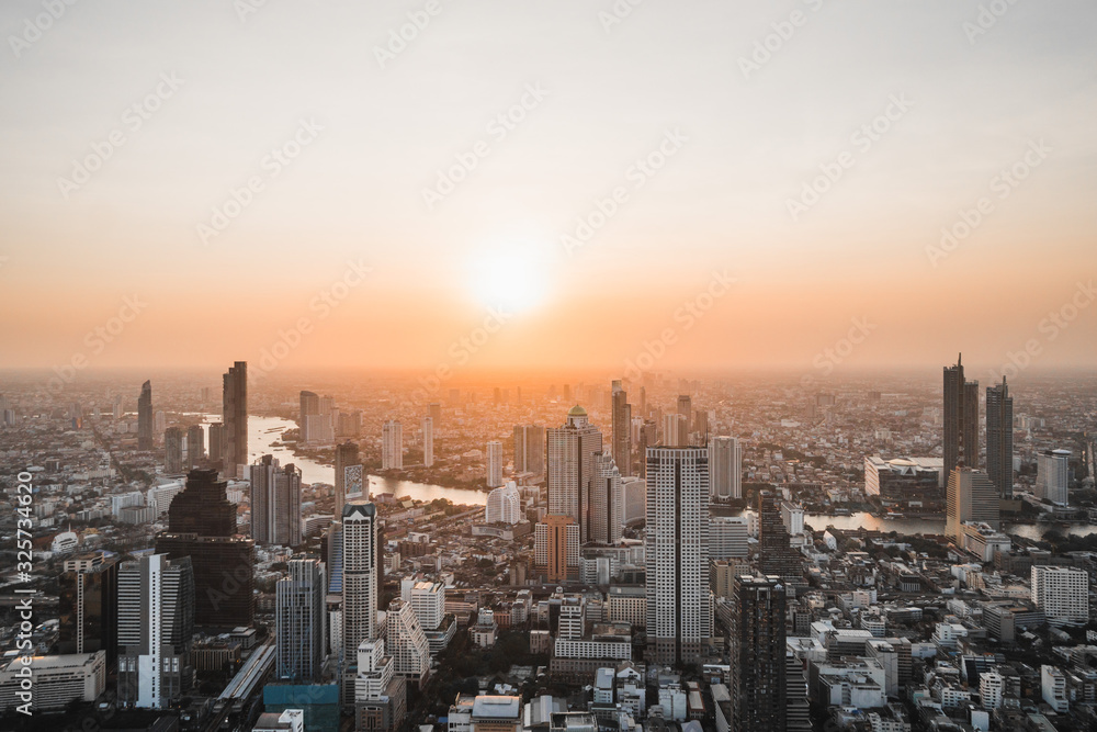 Aerial view of Bangkok city at sunset, from Mahanakhon SkyWalk, Thailand, Asia