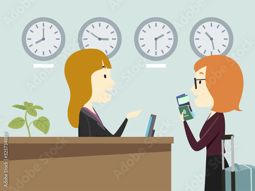 Girl Receptionist Check In Travel Illustration