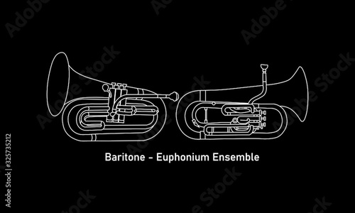 White line, shape or outline forms of musical instruments as baritone and euphonium ensemble in simple white contour illustration on a black background photo