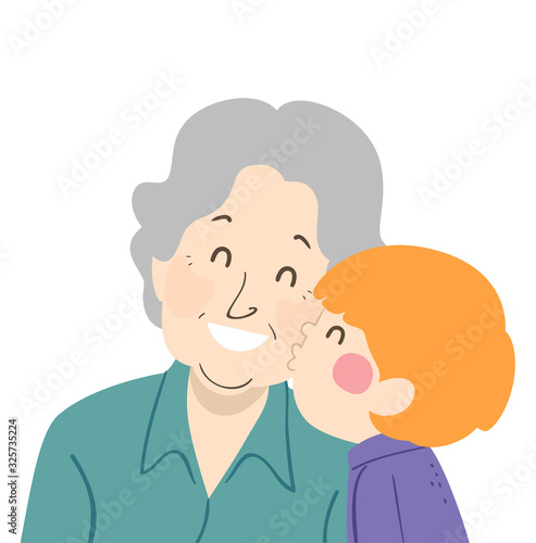 Woman Senior Kid Boy Kiss G...