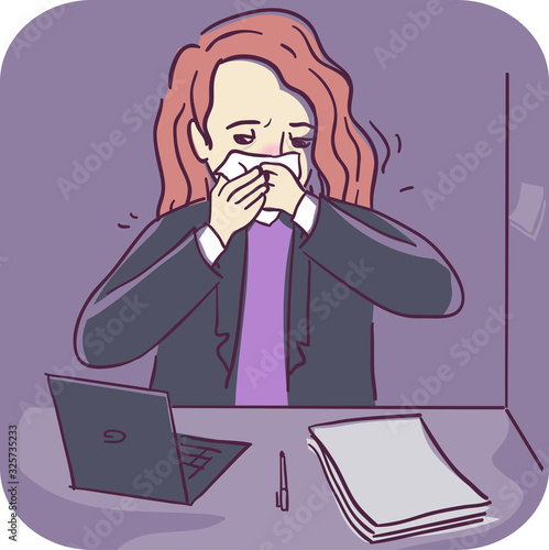 Woman Office Working Sick Illustration