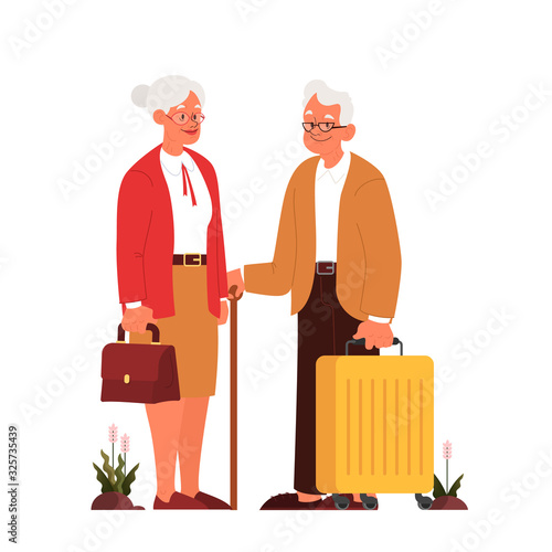 Vector illustration of elderly tourist with laggage and handbag.