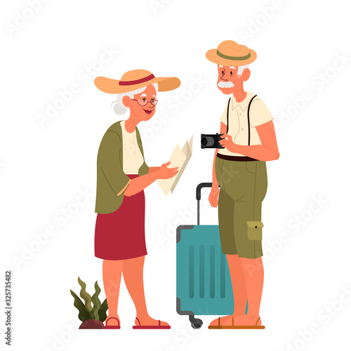 Vector illustration of elderly tourist with luggage and handbag