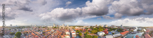 Panoramic aerial view of Melaka at sunset, Malaysia. Cityscape of Malacca
