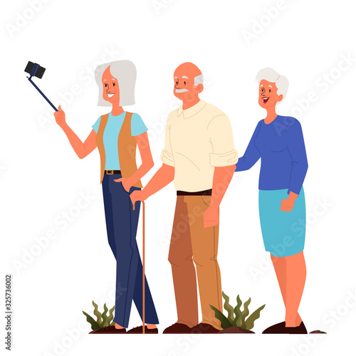 Old people taking selfie together. Elderly characters taking photo