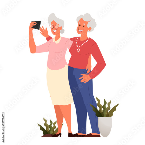 Old woman taking selfie with a friend together. Elderly characters taking photo