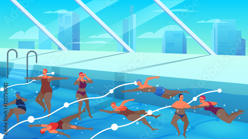 Old people in swimming pool. Old woman and man swimming.