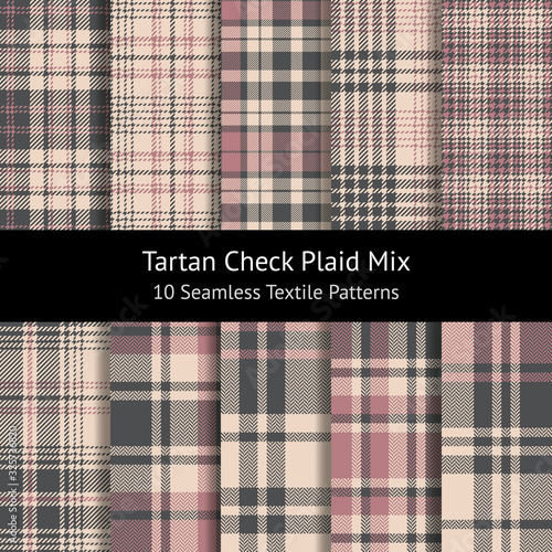 Plaid pattern set. Tartan seamless check plaid graphics in pink, grey, and beige for flannel shirt, blanket, duvet cover, or other modern spring, summer, autumn and winter textile design.